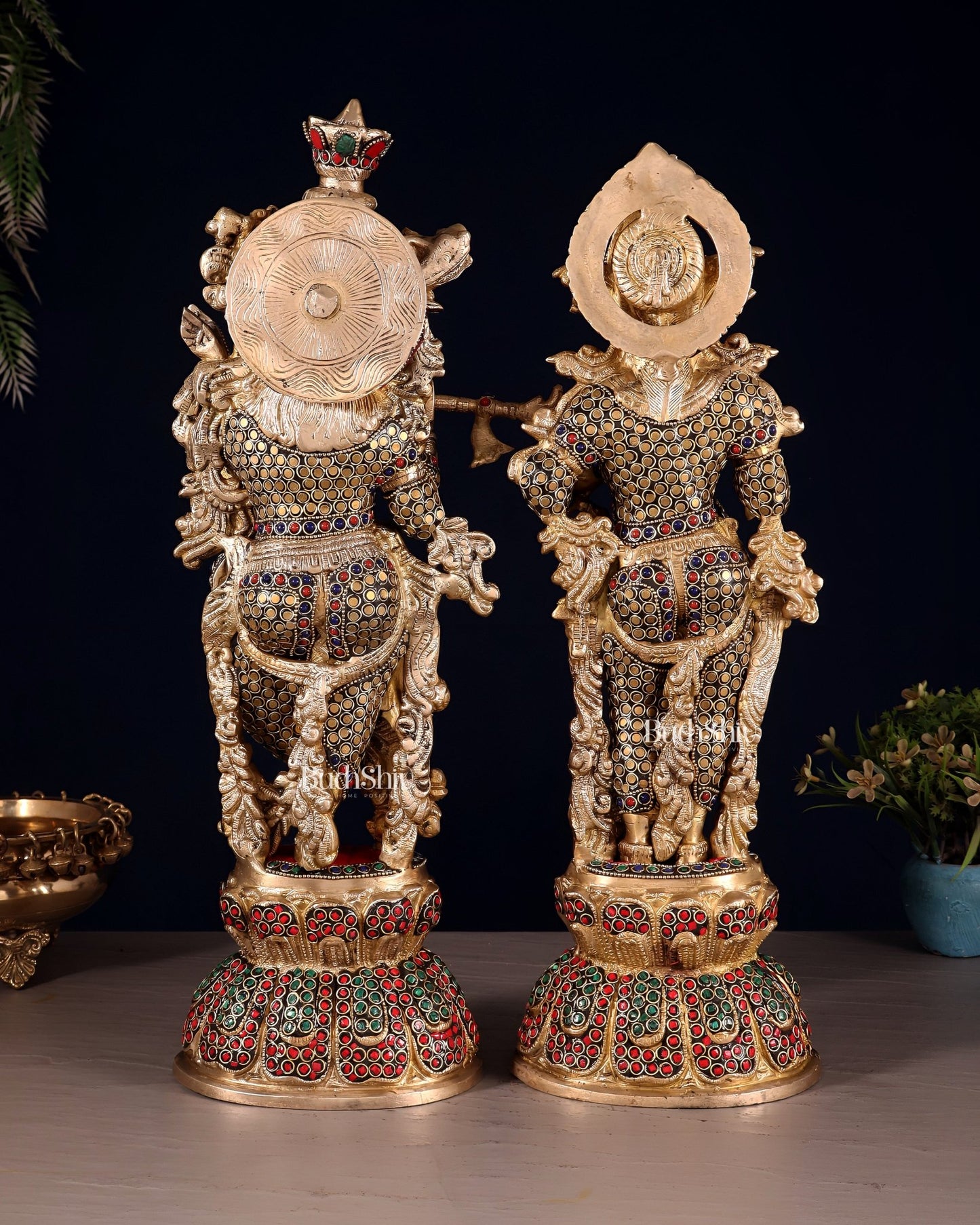 Radha Krishna Brass idols 18 inch with ring stonework - Budhshiv.com
