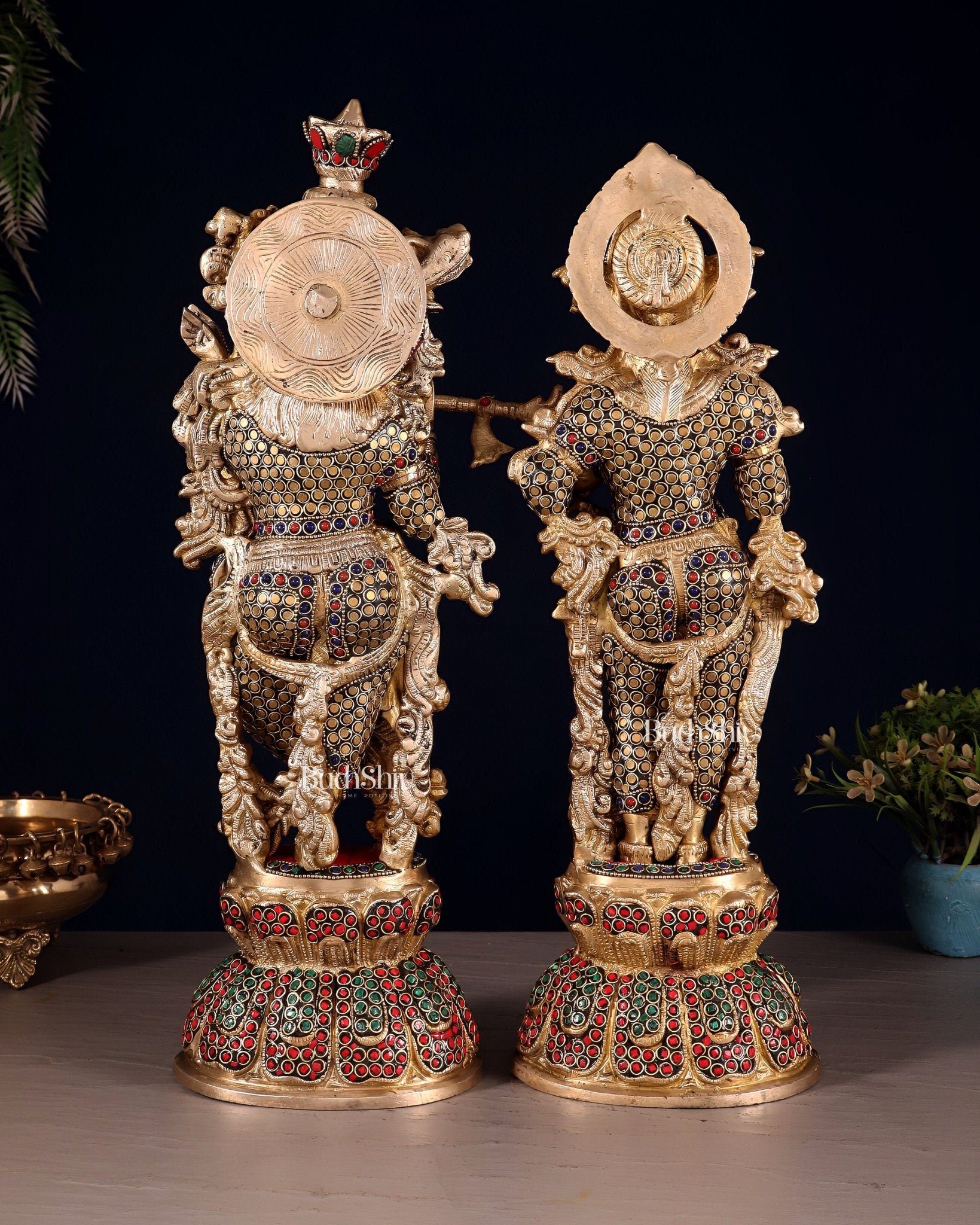 Radha Krishna Brass idols 18 inch with ring stonework - Budhshiv.com