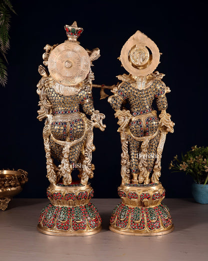 Radha Krishna Brass idols 18 inch with ring stonework - Budhshiv.com