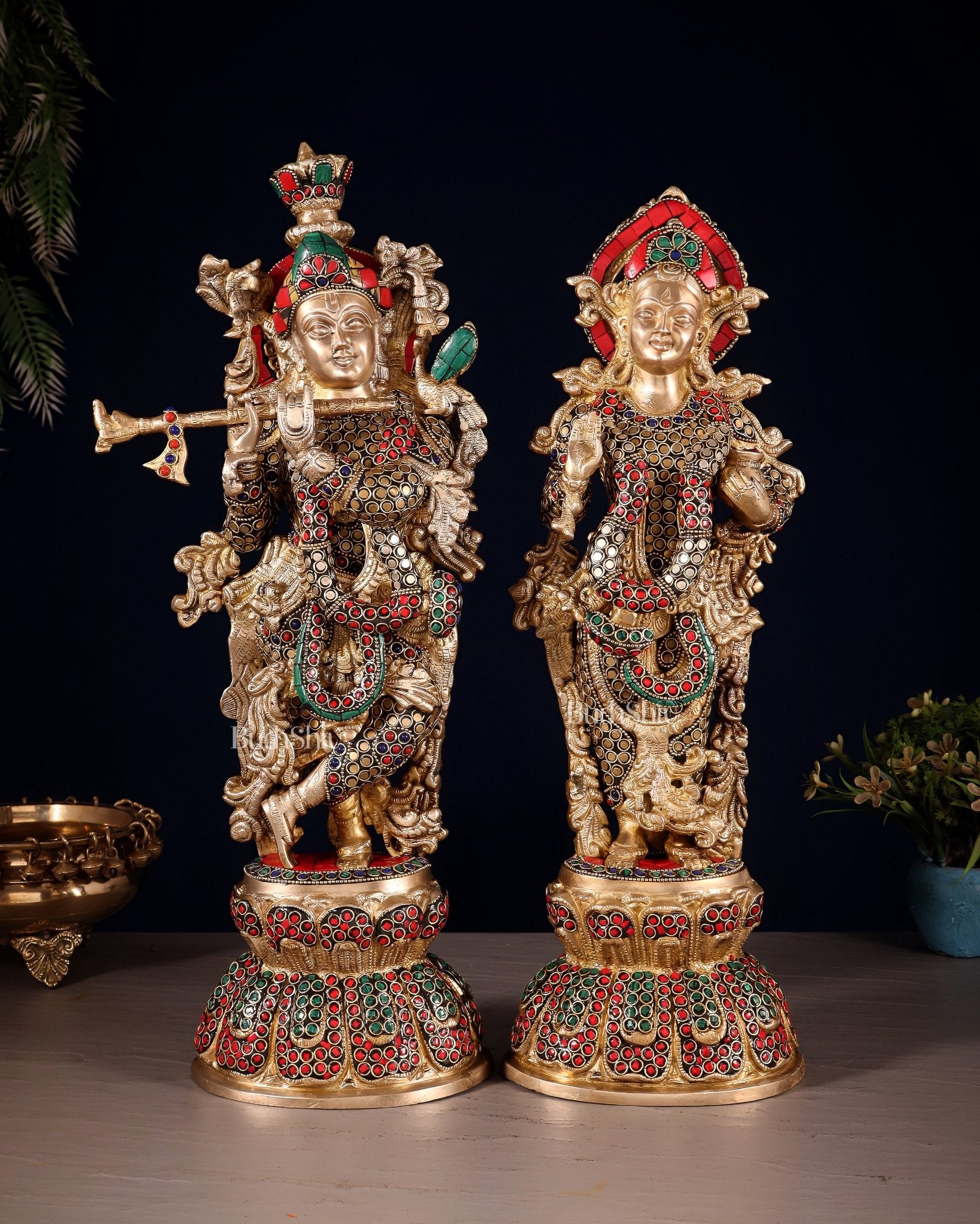 Radha Krishna Brass idols 18 inch with ring stonework - Budhshiv.com