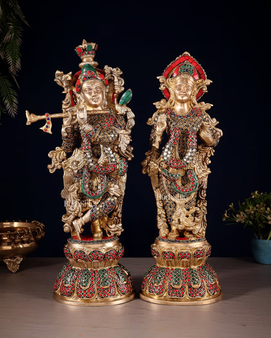Radha Krishna Brass idols 18 inch with ring stonework - Budhshiv.com