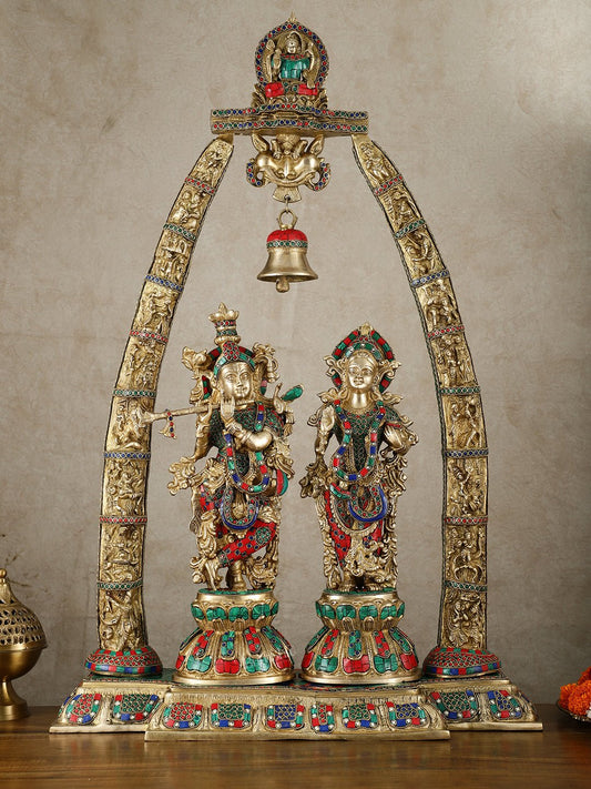 Radha Krishna Idols with Temple Arch Frame - Brass Superfine, Meenakari Stonework, 35" - Budhshiv.com