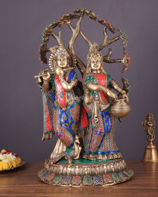 Radha Krishna Under Kadamba Tree | Superfine Brass Sculpture | 21 Inch Height with stonework - Budhshiv.com