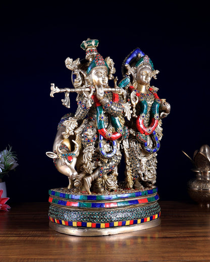 Radha Krishna with cow brass Idol | 18" - Budhshiv.com