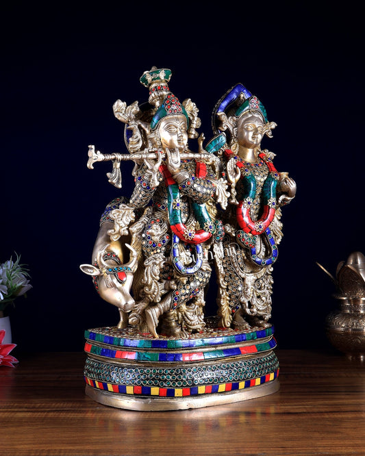 Radha Krishna with cow brass Idol | 18" - Budhshiv.com