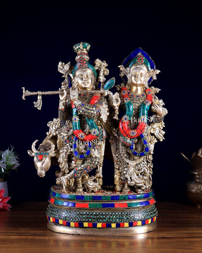 Radha Krishna with cow brass Idol | 18" - Budhshiv.com