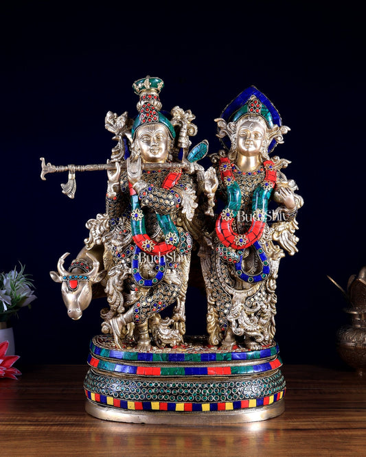 Radha Krishna with cow brass Idol | 18" - Budhshiv.com