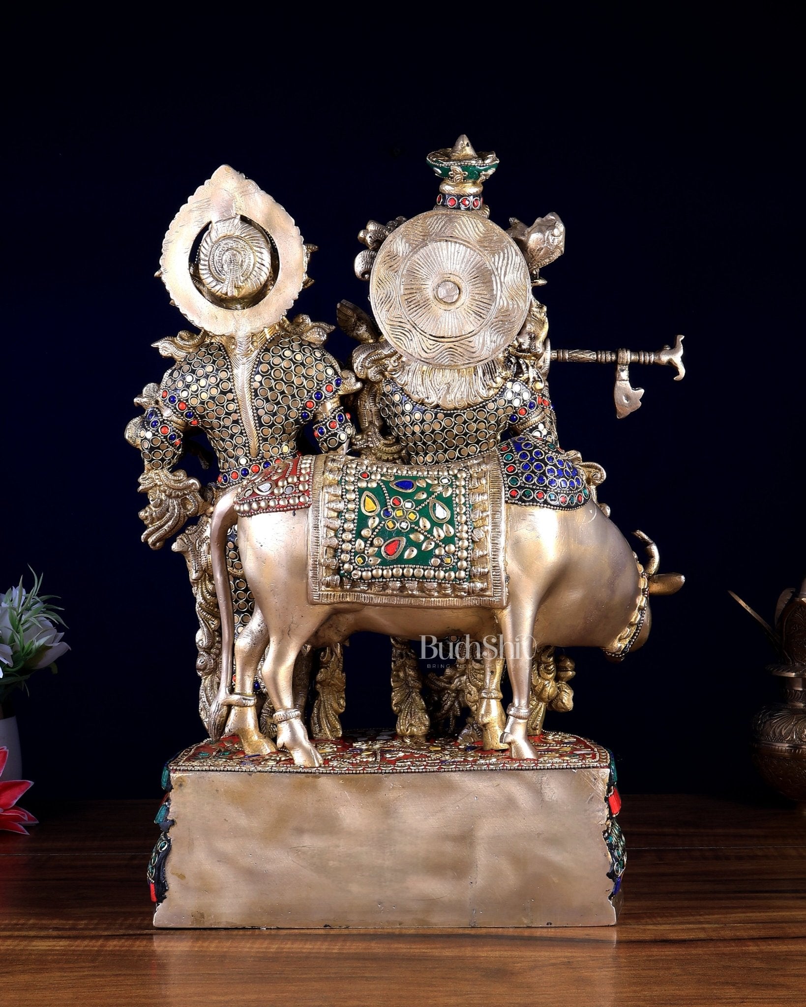 Radha Krishna with cow brass Idol | 18" - Budhshiv.com
