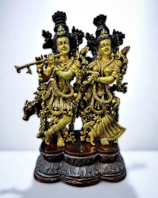 Radha Krishna with cow brass idol 29 inch - Budhshiv.com
