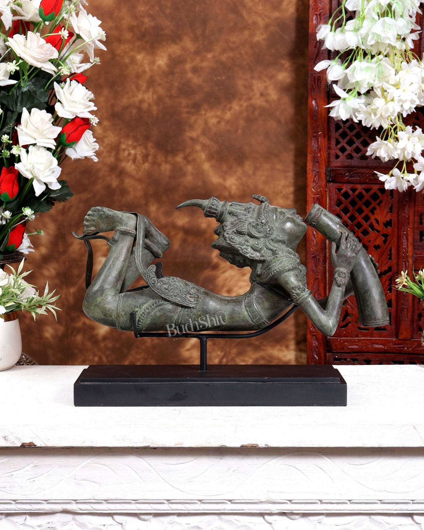 Rare Balinese Bronze Lord Shiva Drinking Halahal Statue – Samudra Manthan Museum Grade Artefact on Wooden & Metallic Rib Stand - Budhshiv.com
