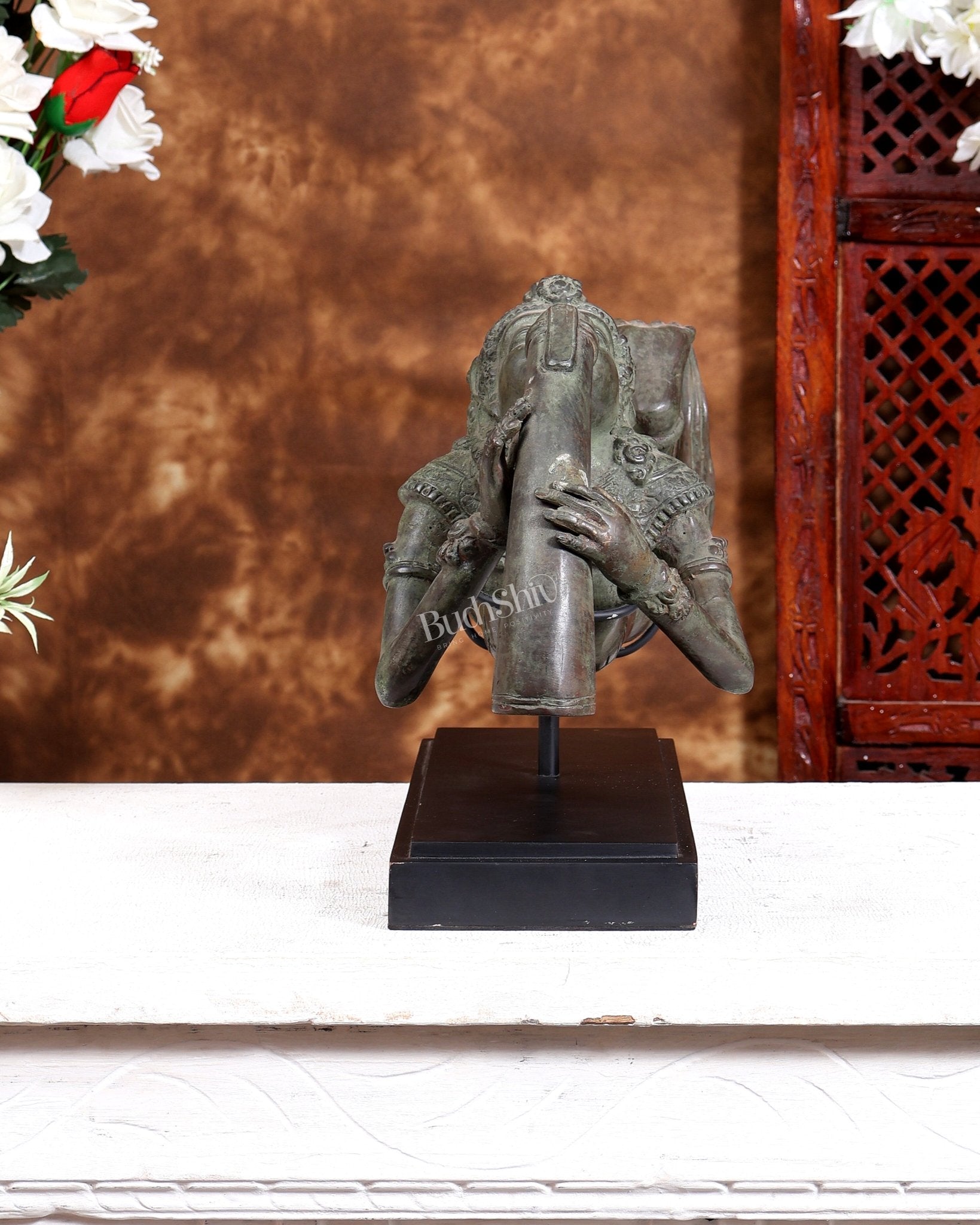 Rare Balinese Bronze Lord Shiva Drinking Halahal Statue – Samudra Manthan Museum Grade Artefact on Wooden & Metallic Rib Stand - Budhshiv.com