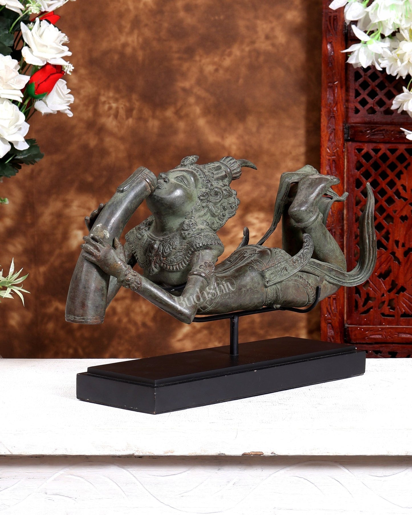Rare Balinese Bronze Lord Shiva Drinking Halahal Statue – Samudra Manthan Museum Grade Artefact on Wooden & Metallic Rib Stand - Budhshiv.com