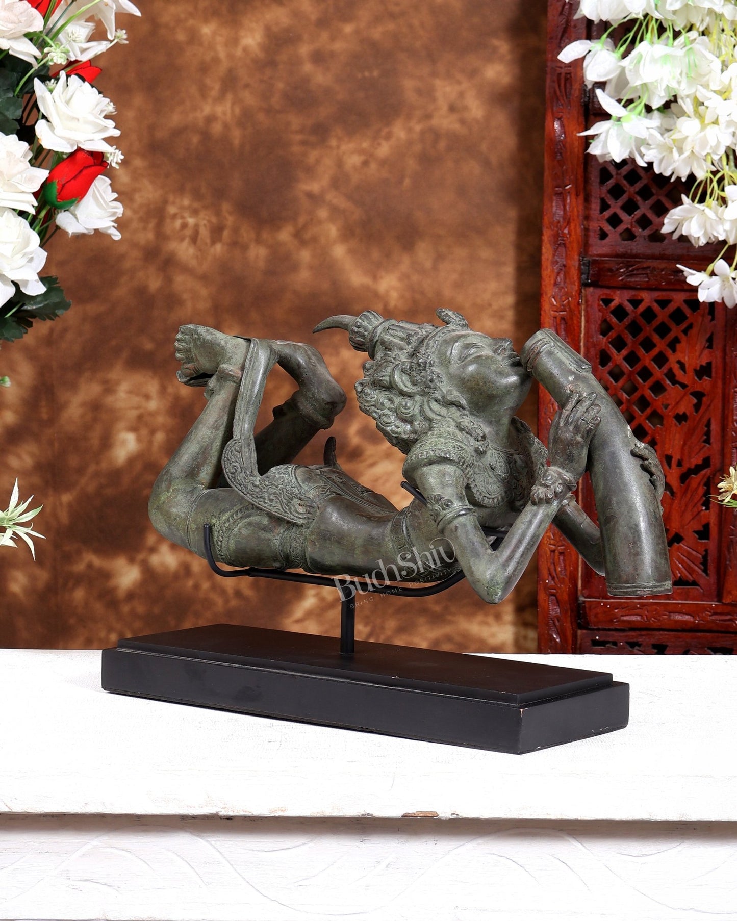 Rare Balinese Bronze Lord Shiva Drinking Halahal Statue – Samudra Manthan Museum Grade Artefact on Wooden & Metallic Rib Stand - Budhshiv.com
