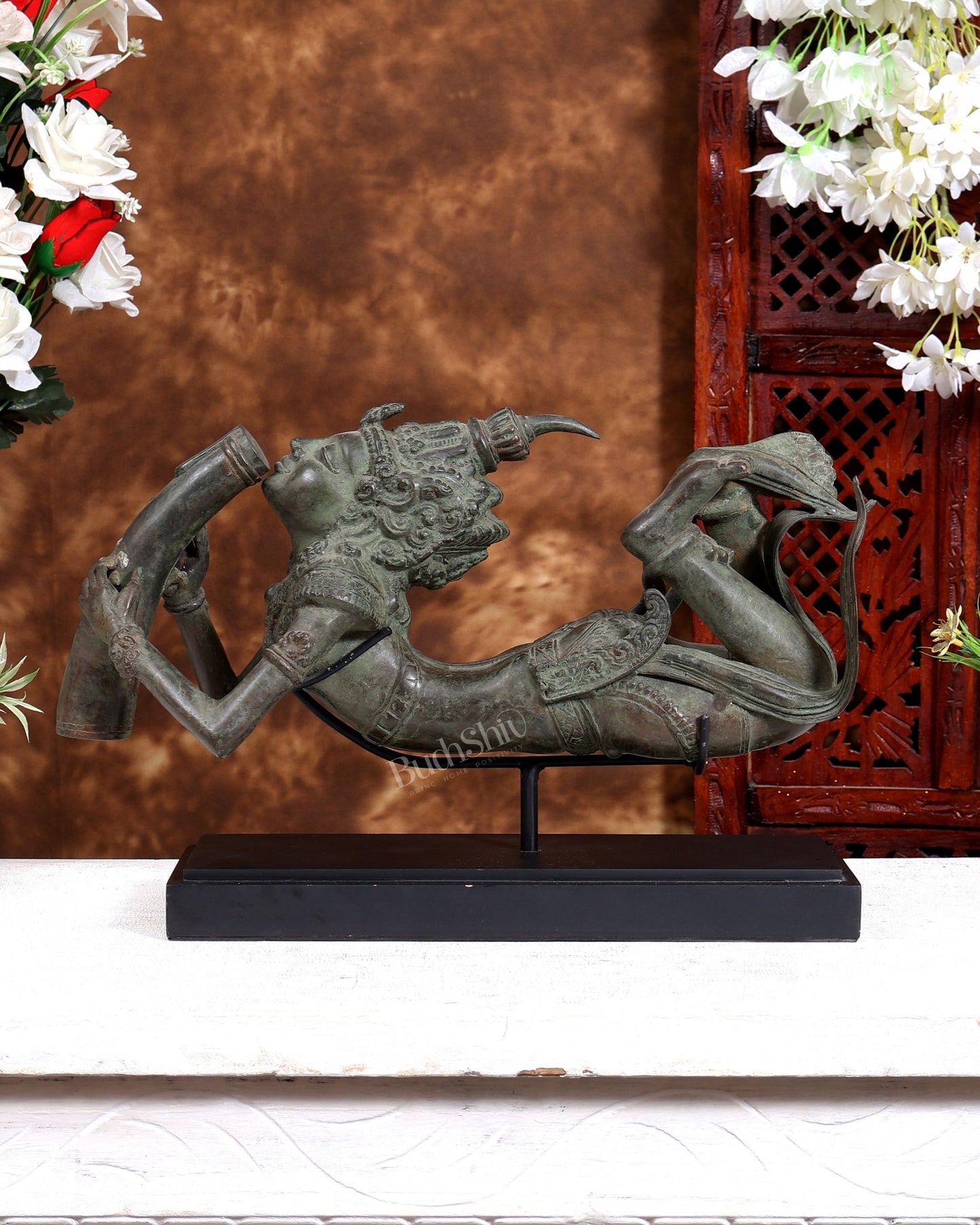 Rare Balinese Bronze Lord Shiva Drinking Halahal Statue – Samudra Manthan Museum Grade Artefact on Wooden & Metallic Rib Stand - Budhshiv.com