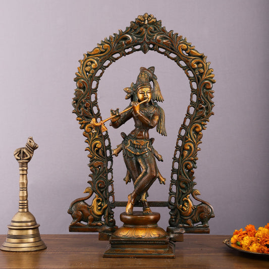Rare Brass Lord Krishna with Prabhavali Majestic Sculpture 18" - Budhshiv.com