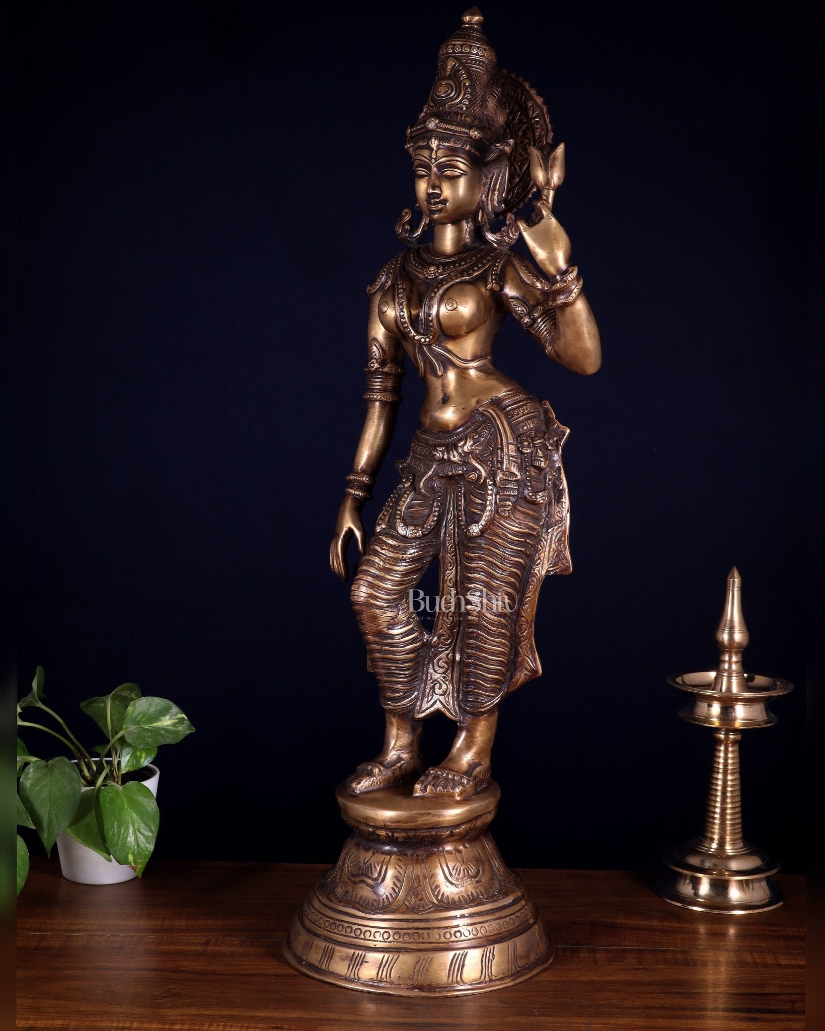Rare Standing Lakshmi Brass Statue – Two Arms, Handcrafted Masterpiece 28.5 inch - Budhshiv.com