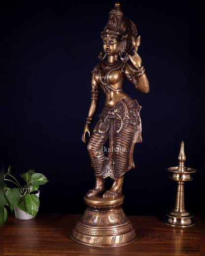 Rare Standing Lakshmi Brass Statue – Two Arms, Handcrafted Masterpiece 28.5 inch - Budhshiv.com