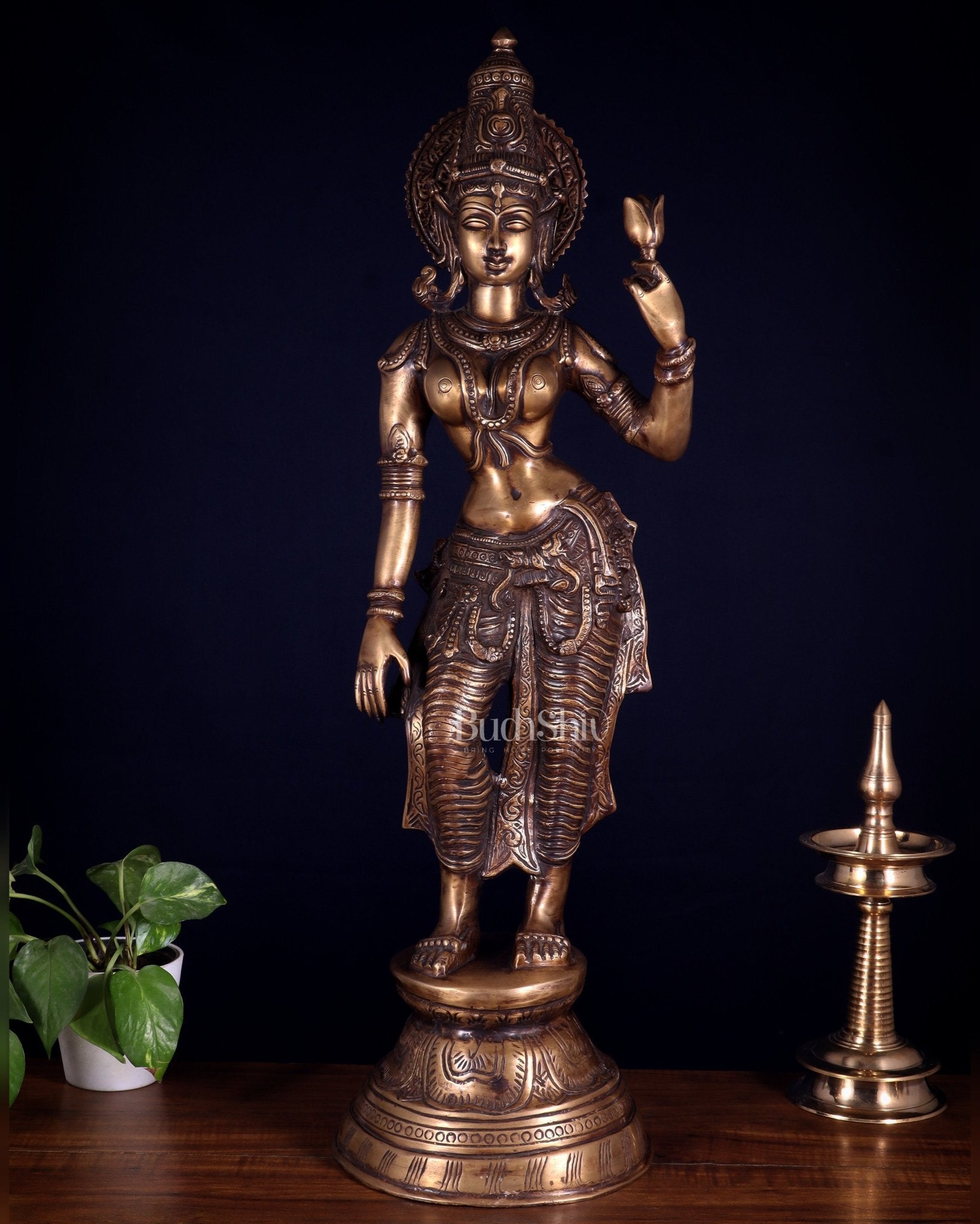 Rare Standing Lakshmi Brass Statue – Two Arms, Handcrafted Masterpiece 28.5 inch - Budhshiv.com