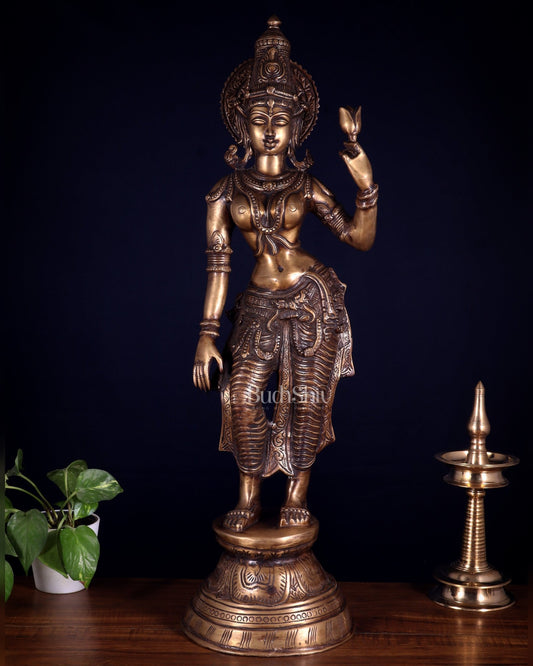 Rare Standing Lakshmi Brass Statue – Two Arms, Handcrafted Masterpiece 28.5 inch - Budhshiv.com