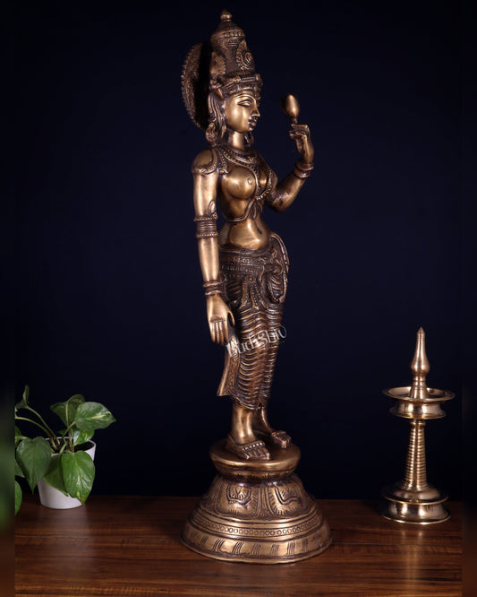 Rare Standing Lakshmi Brass Statue – Two Arms, Handcrafted Masterpiece 28.5 inch - Budhshiv.com