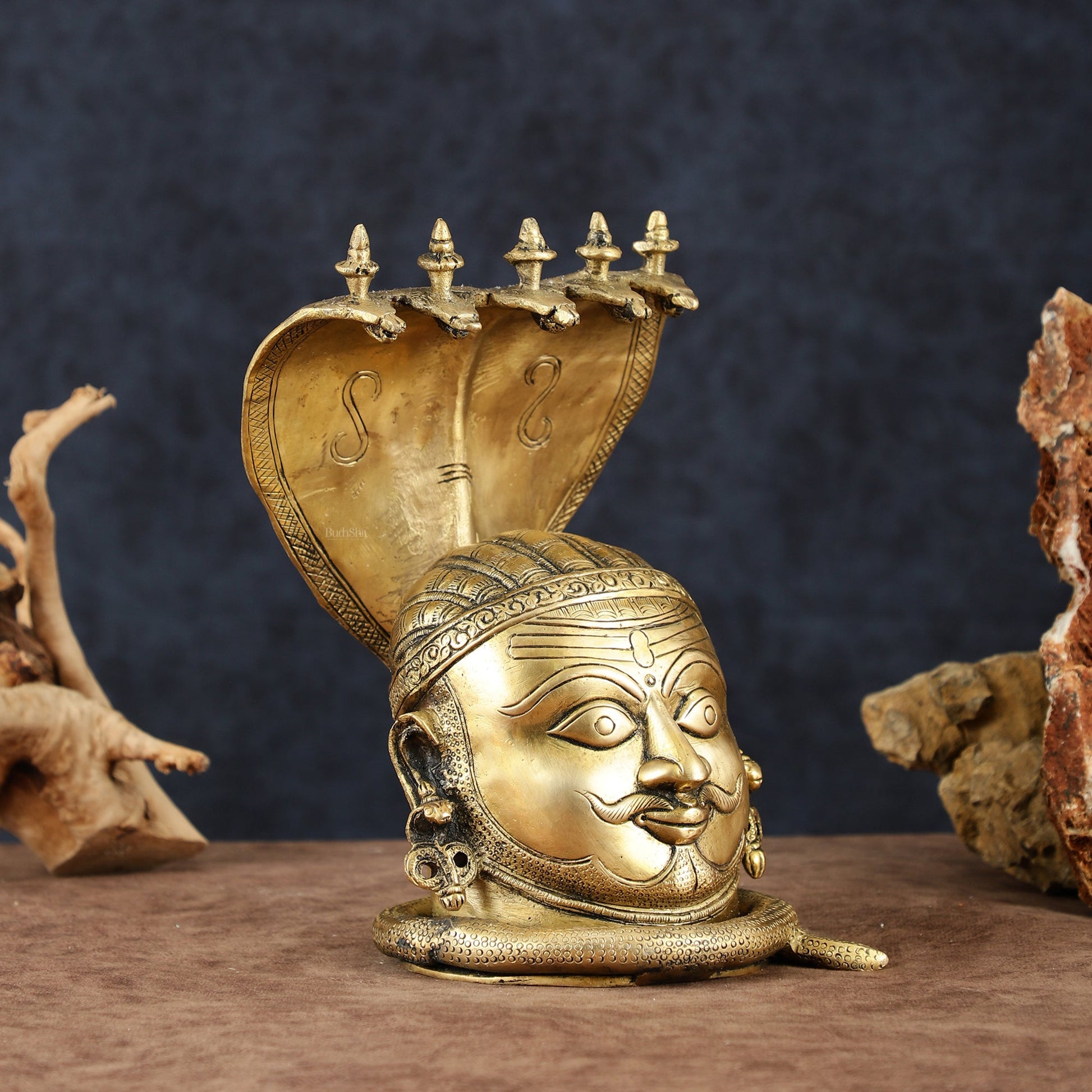 Regal Brass Shiva with Mukhalingam and Naga Aura Statue – 9.5" Height - Budhshiv.com