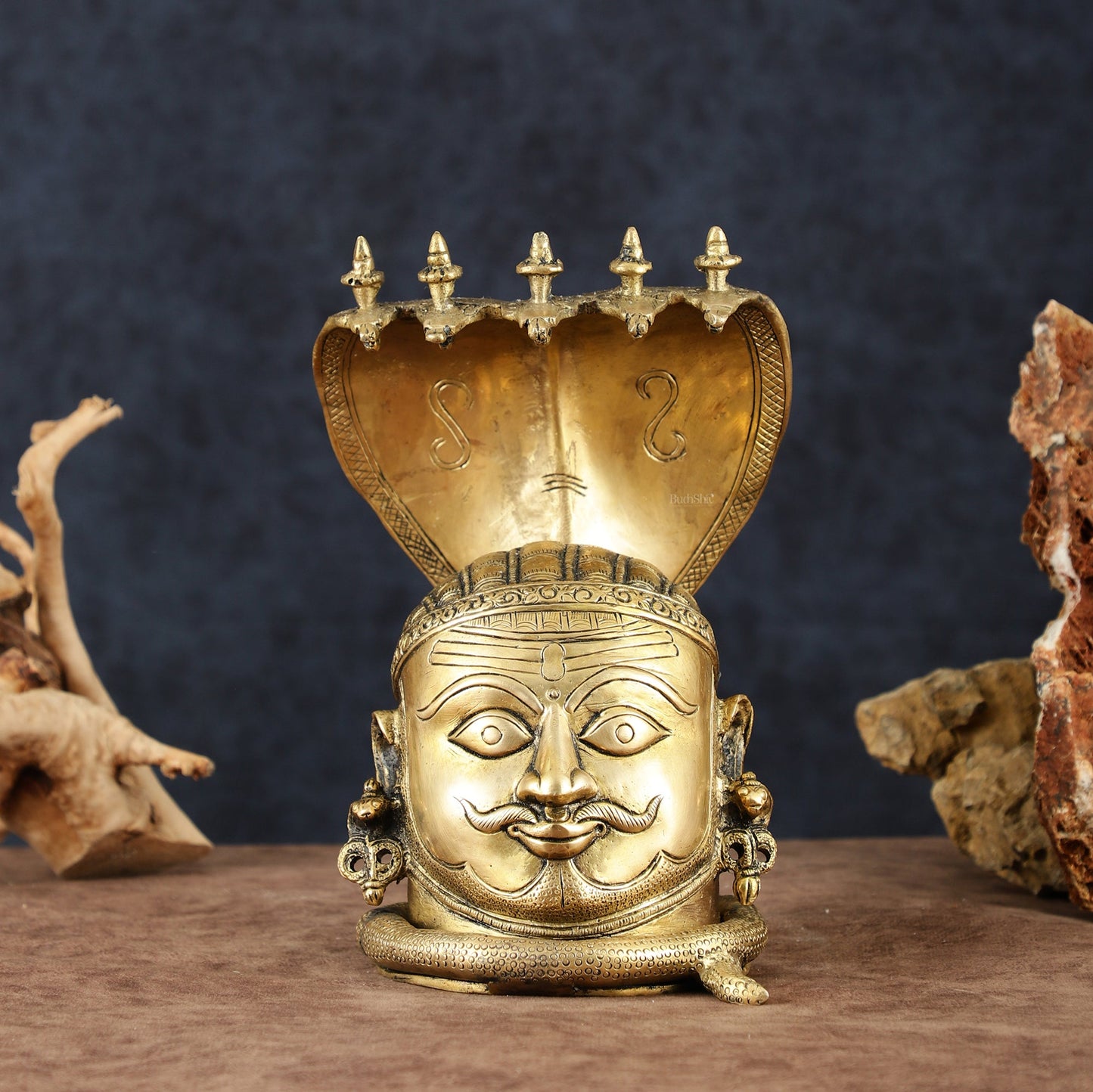 Regal Brass Shiva with Mukhalingam and Naga Aura Statue – 9.5" Height - Budhshiv.com
