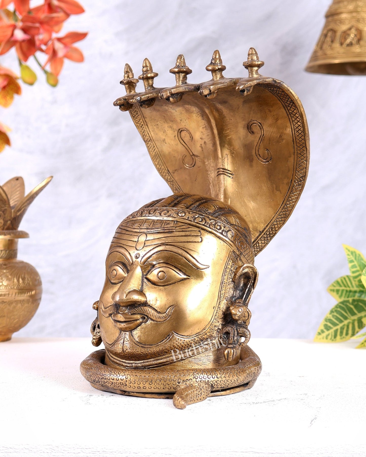 Regal Brass Shiva with Mukhalingam and Naga Aura Statue – 9.5" Height - Budhshiv.com