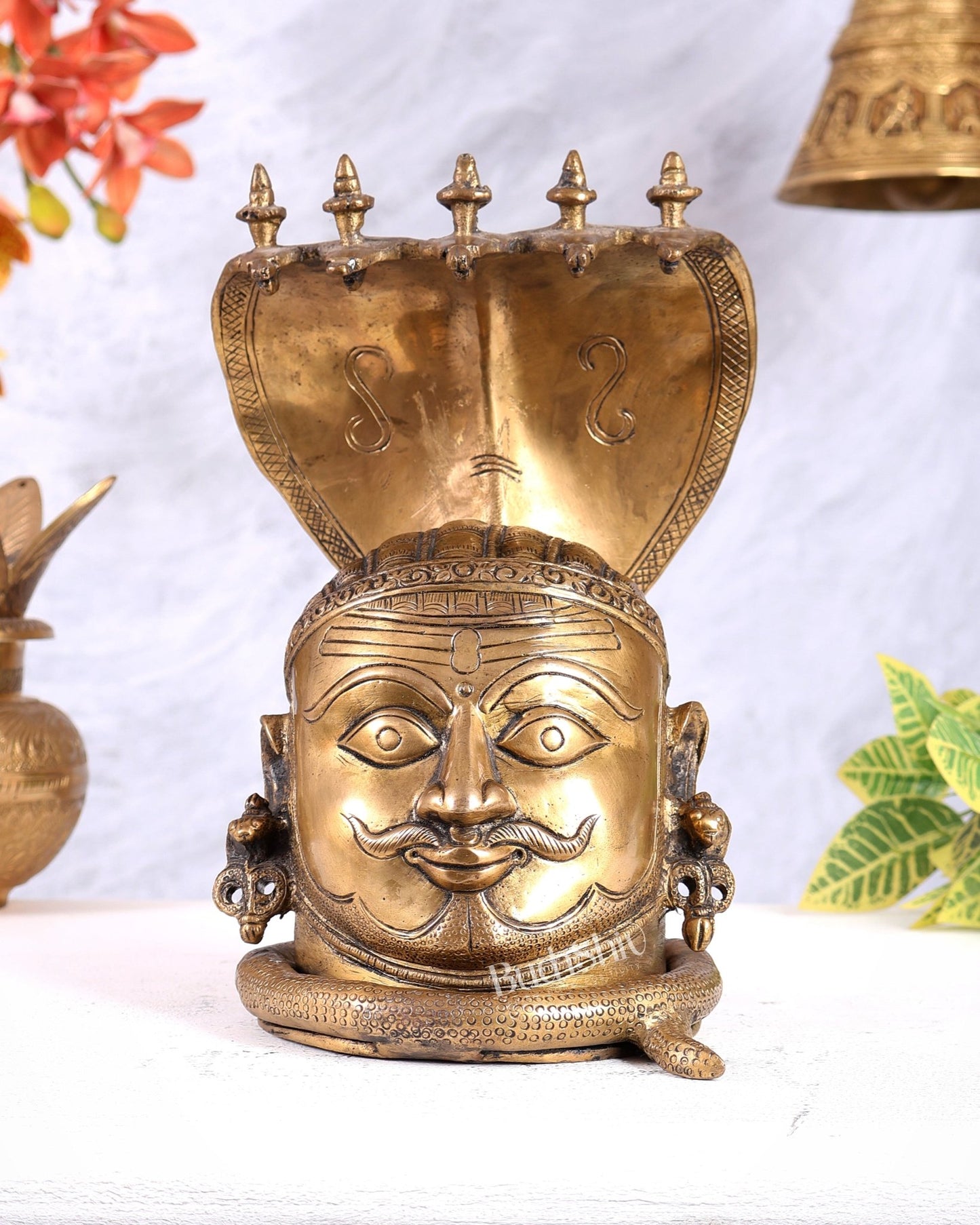 Regal Brass Shiva with Mukhalingam and Naga Aura Statue – 9.5" Height - Budhshiv.com