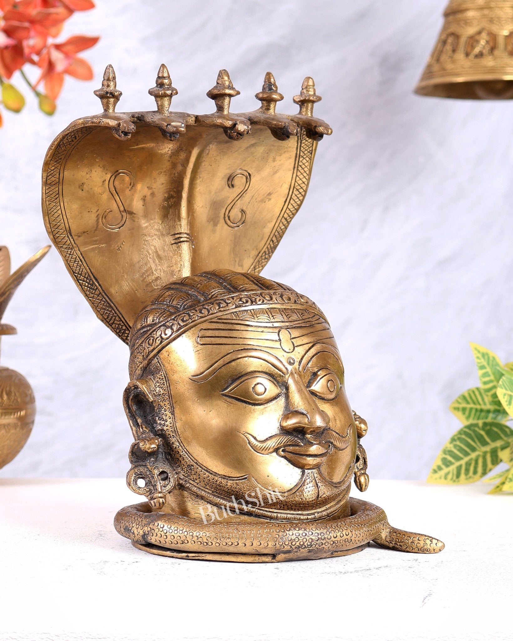 Regal Brass Shiva with Mukhalingam and Naga Aura Statue – 9.5" Height - Budhshiv.com