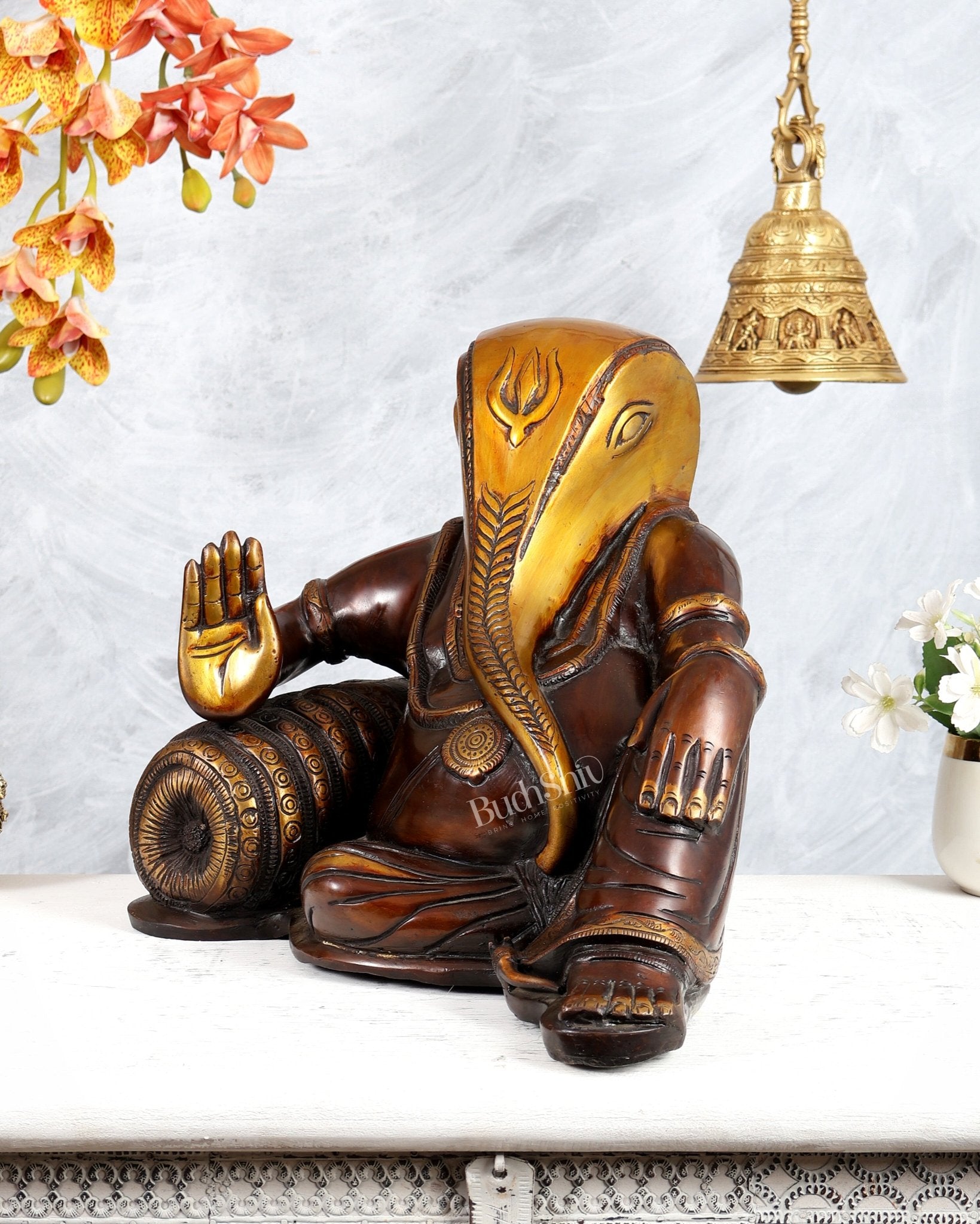 Resting Ganesha Statue – Pure Brass Dual Tone Finish 13 inch - Budhshiv.com