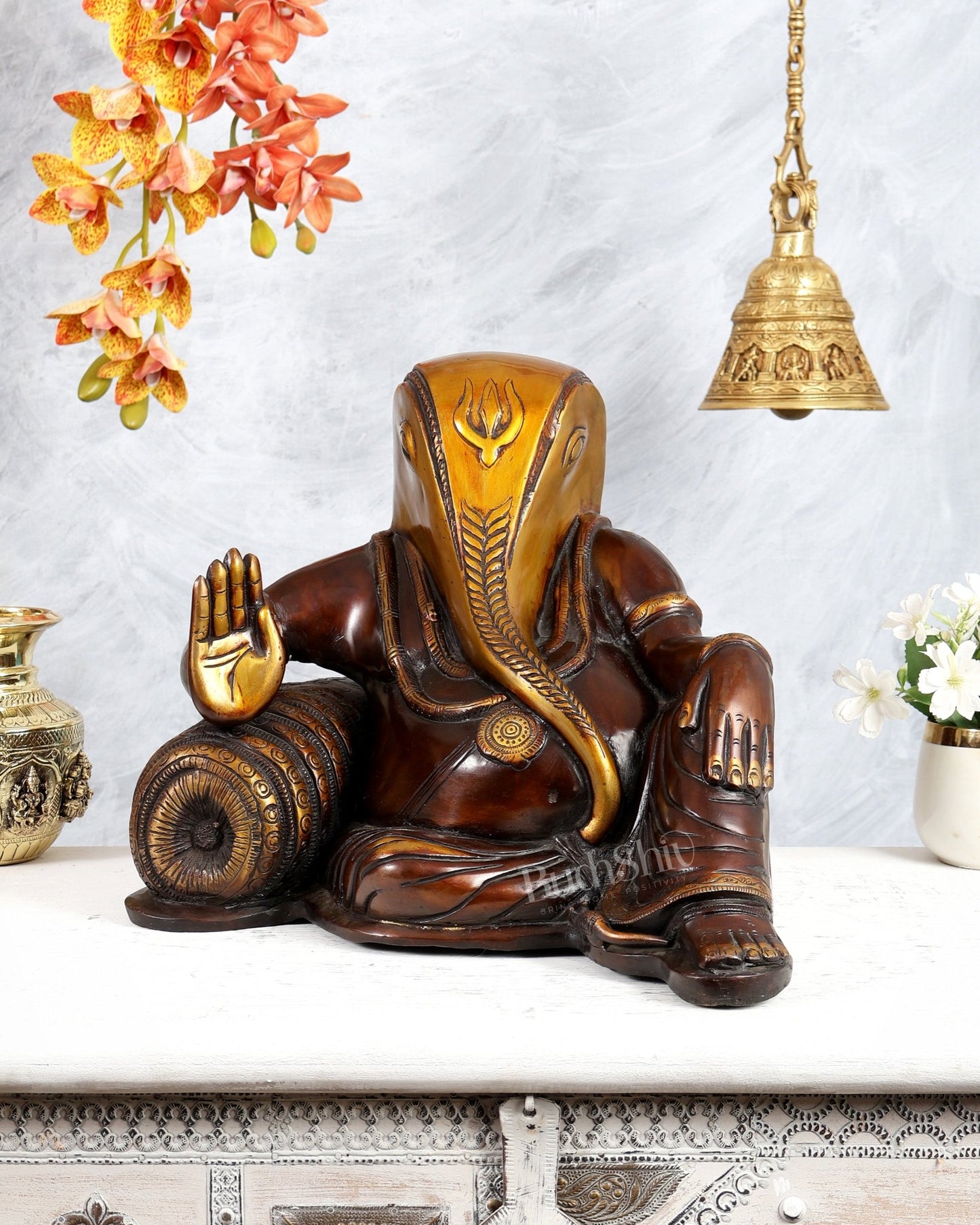 Resting Ganesha Statue – Pure Brass Dual Tone Finish 13 inch - Budhshiv.com