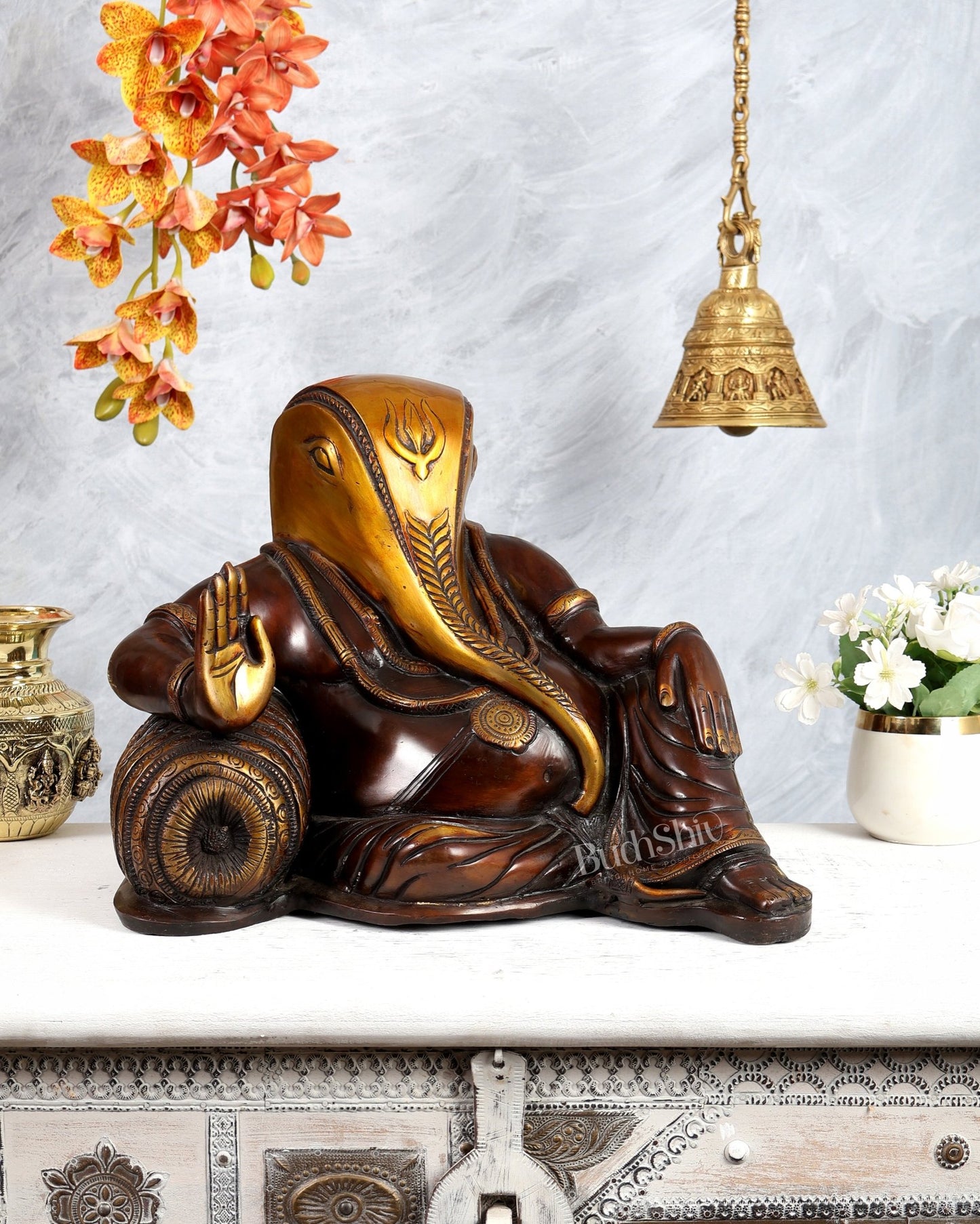 Resting Ganesha Statue – Pure Brass Dual Tone Finish 13 inch - Budhshiv.com
