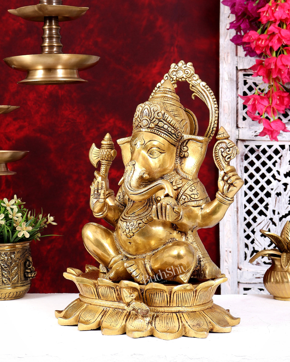 Heavy Brass Lord Ganesha on Lotus Statue — Sharp Features 15 inch
