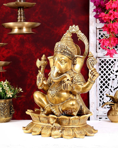 Heavy Brass Lord Ganesha on Lotus Statue — Sharp Features 15 inch