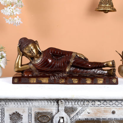 Brass Reclining sleeping Buddha Sculpture in Unique Dual Tone 20 inch