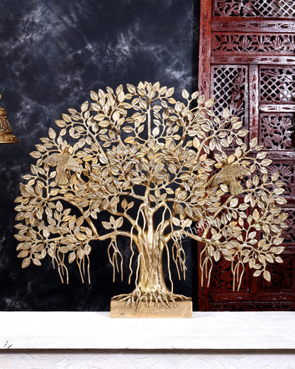 Brass Superfine Large Kalpavriksha Tree Tabletop Artefact | Birds & Hanging Roots 28 inch