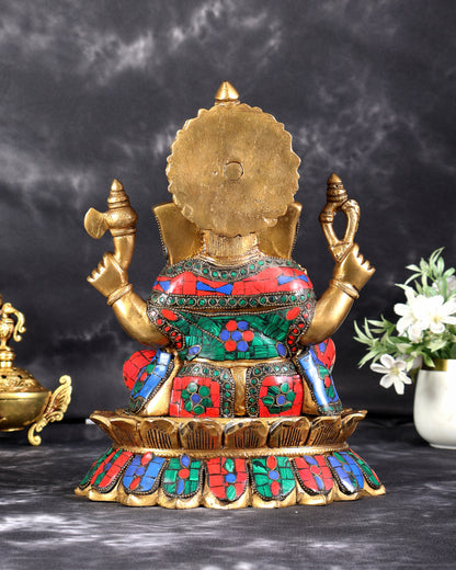 Brass Lord Ganesha on Lotus Idol - 12 Inch