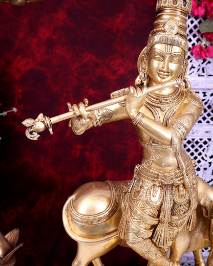 Brass Krishna with cow sleek and simple Sculpture 27 inch