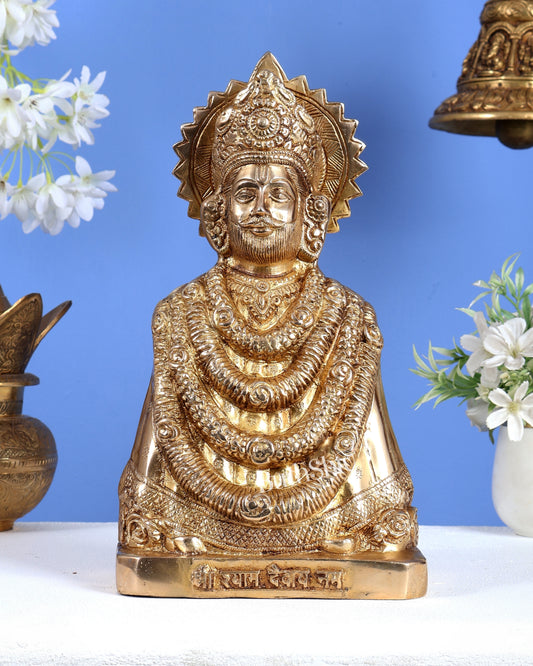 Brass Khatu Shyam Ji Statue with Shyam Devaya Namah Carvings – Divine Devotional Artefact 11 inch