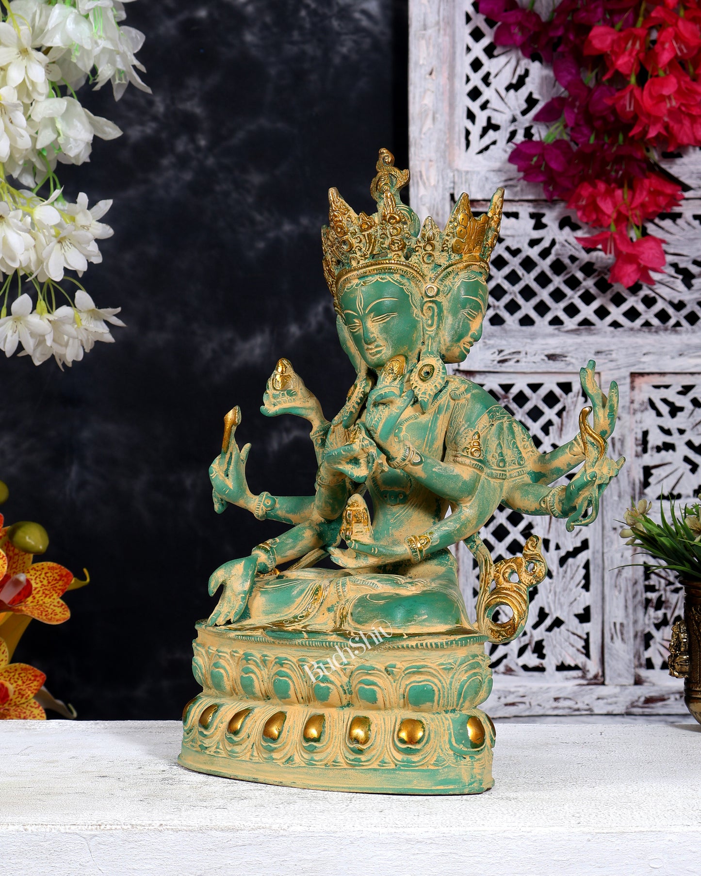 Tibetan Buddhist Deity Ushnishvijaya Brass Statue – Green Sandstone Finish, 5.8 kg