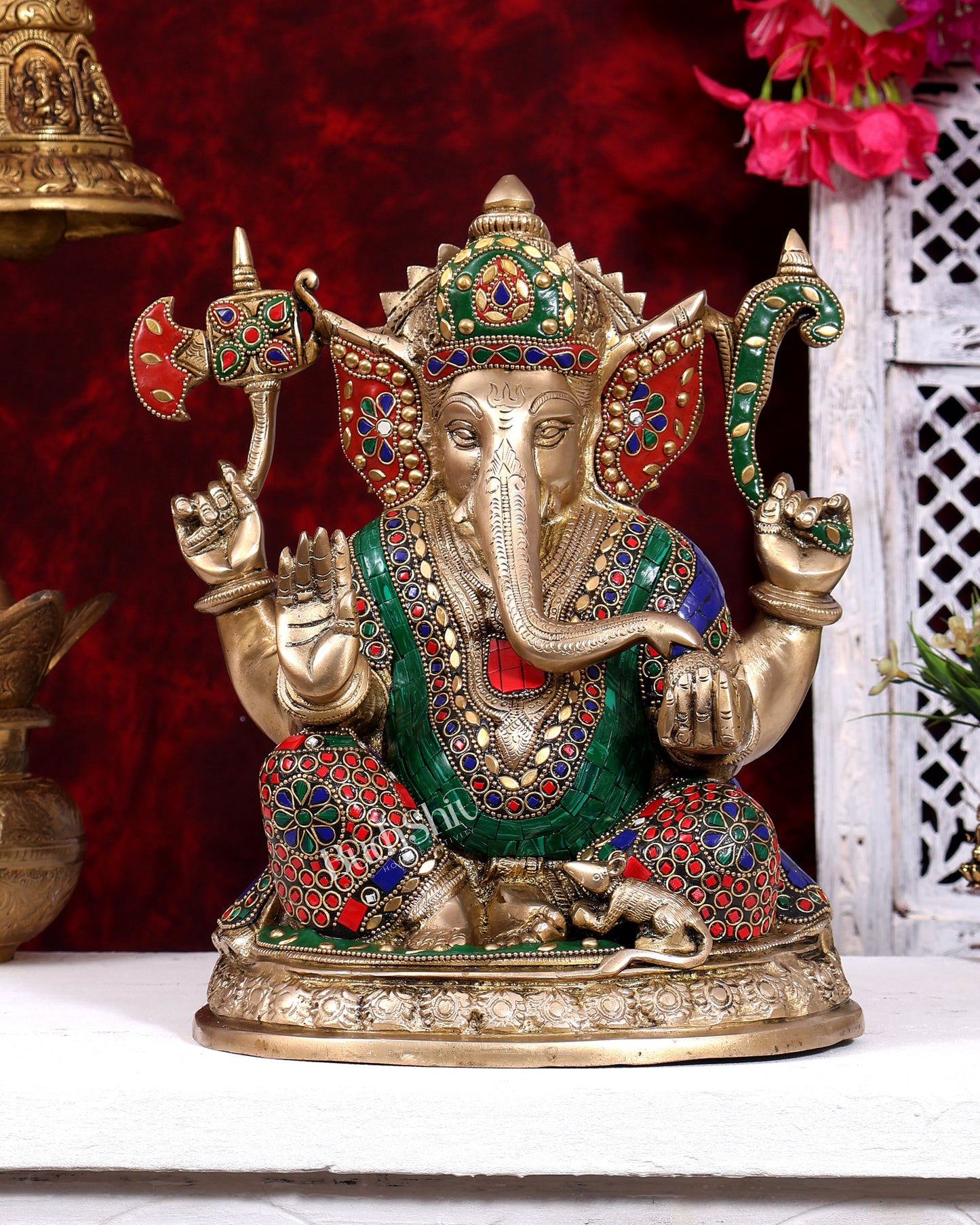 Brass Ganesha Statue with meenakari Stonework - 12 inch