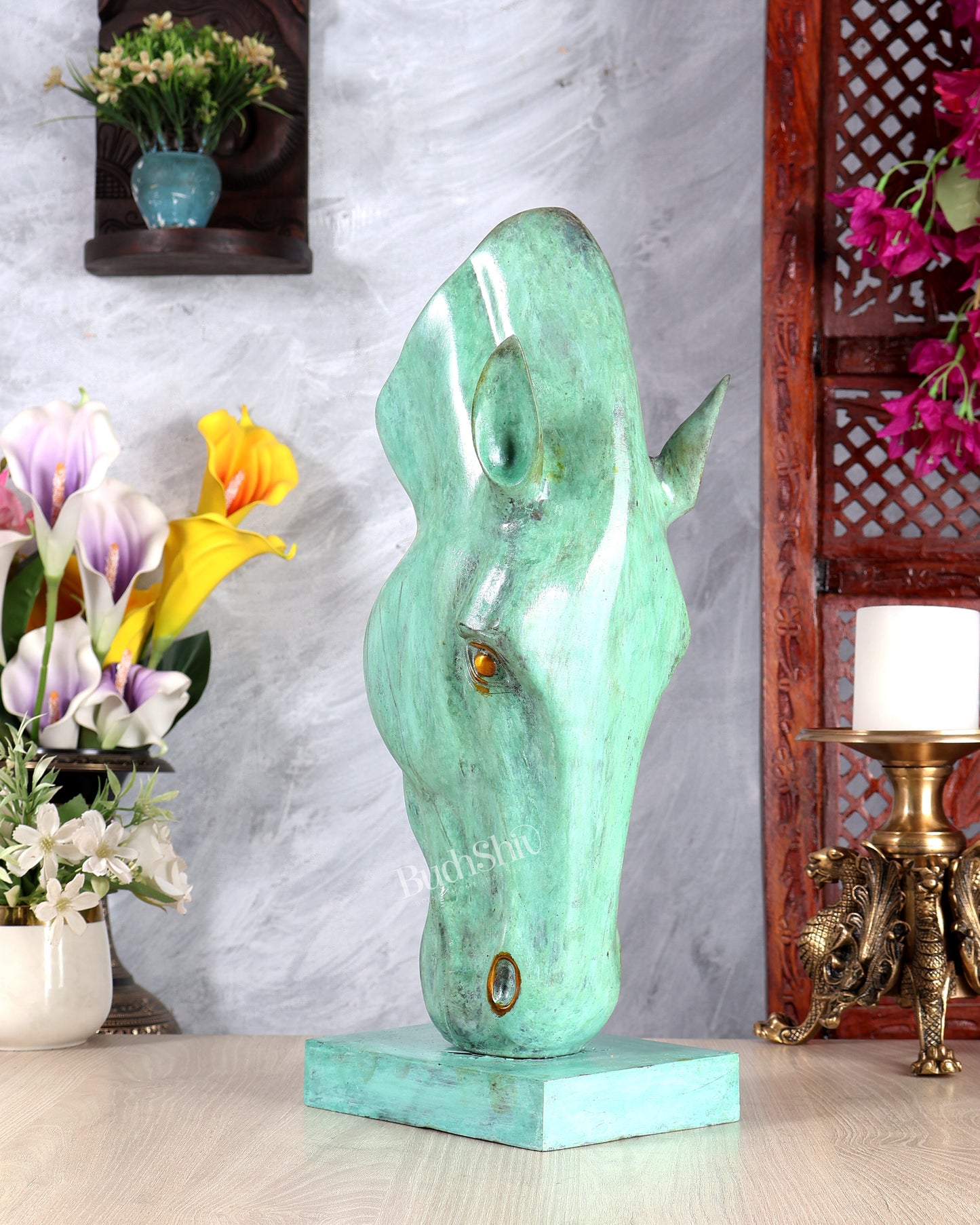 Verdigris Patina Horse Face Décor Artefact – Handcrafted Artistic Statement Sculpture 17.5 inch