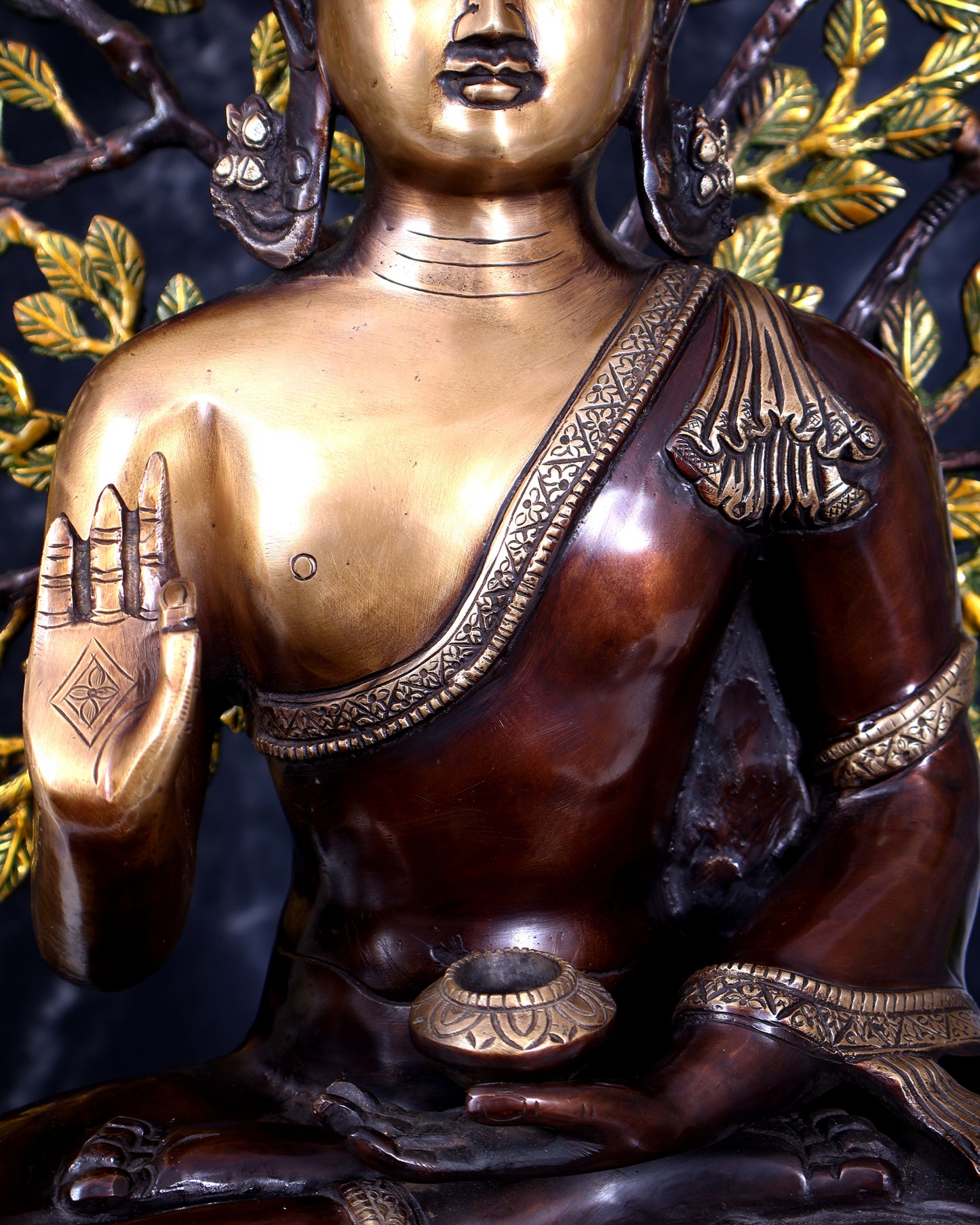 Brass Buddha with Kalpavriksha Tree — Three-Tone Heat-Treated Finish 26 inch
