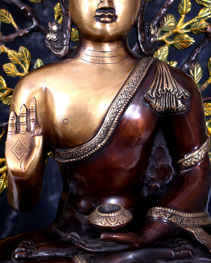 Brass Buddha with Kalpavriksha Tree — Three-Tone Heat-Treated Finish 26 inch