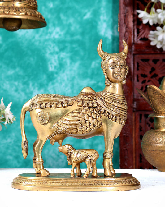 Superfine Brass Kamadhenu Cow and Calf with wings and goddess face Idol 8.5 inch enhanced