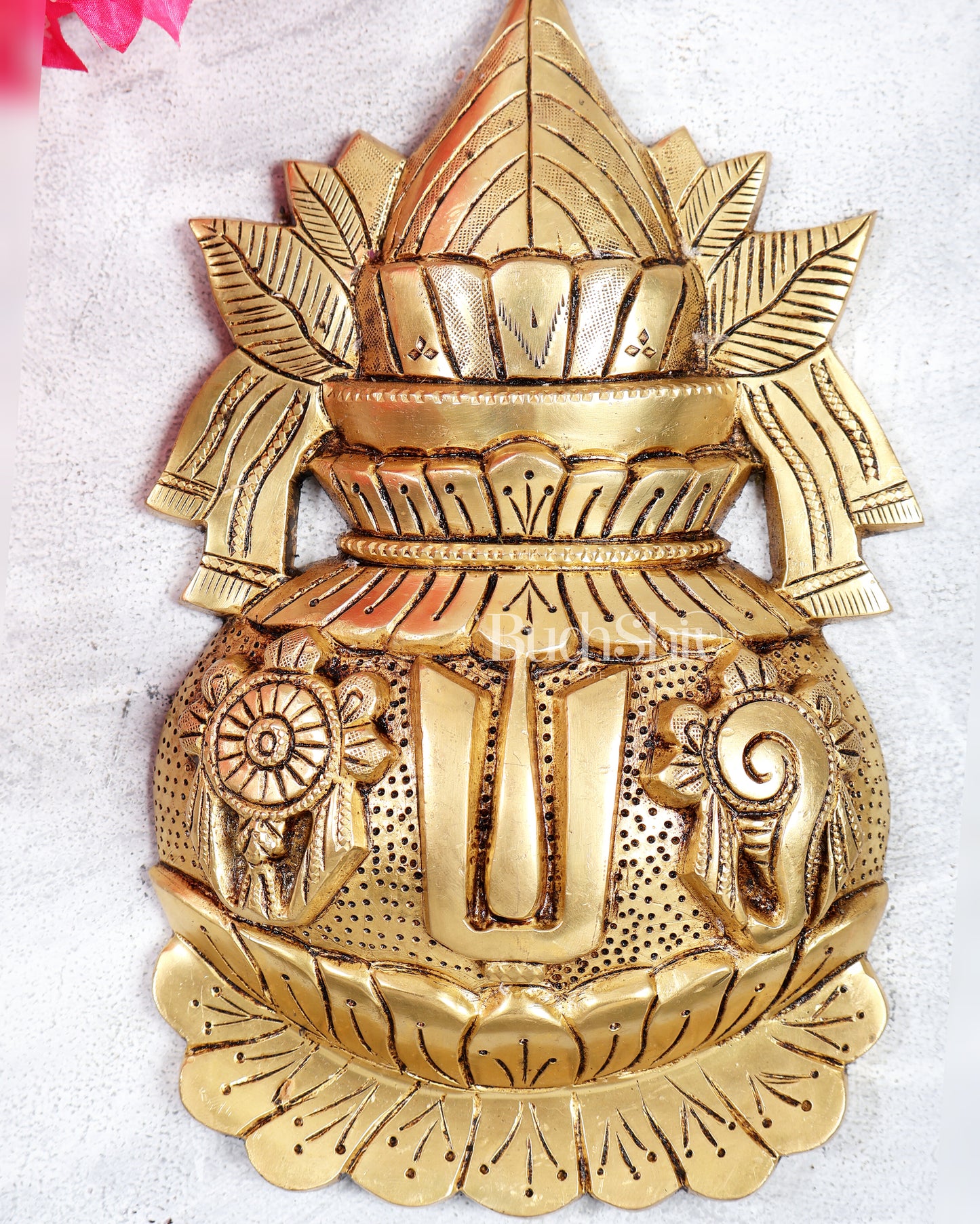 Brass Kalash Shankh Chakra Namah Wall Hanging – Auspicious Vedic Décor Plaque 10"
