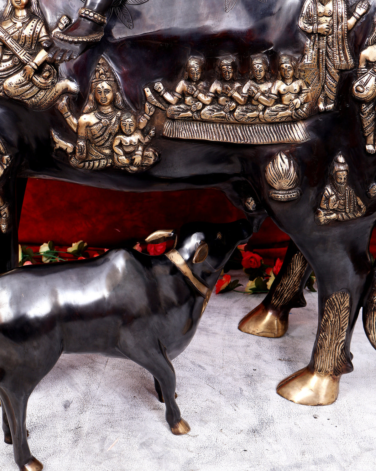 Brass Large Krishna Sitting on Cow Statue — Black and Gold Finish 43 inch tall