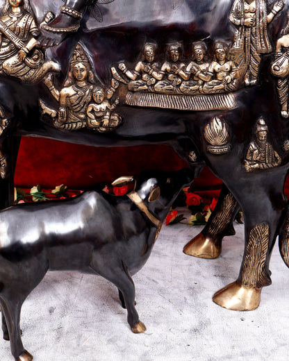 Brass Large Krishna Sitting on Cow Statue — Black and Gold Finish 43 inch tall