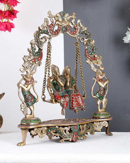 Handcrafted Brass Radha Krishna on Swing idol 18 inch with meenakari Stonework