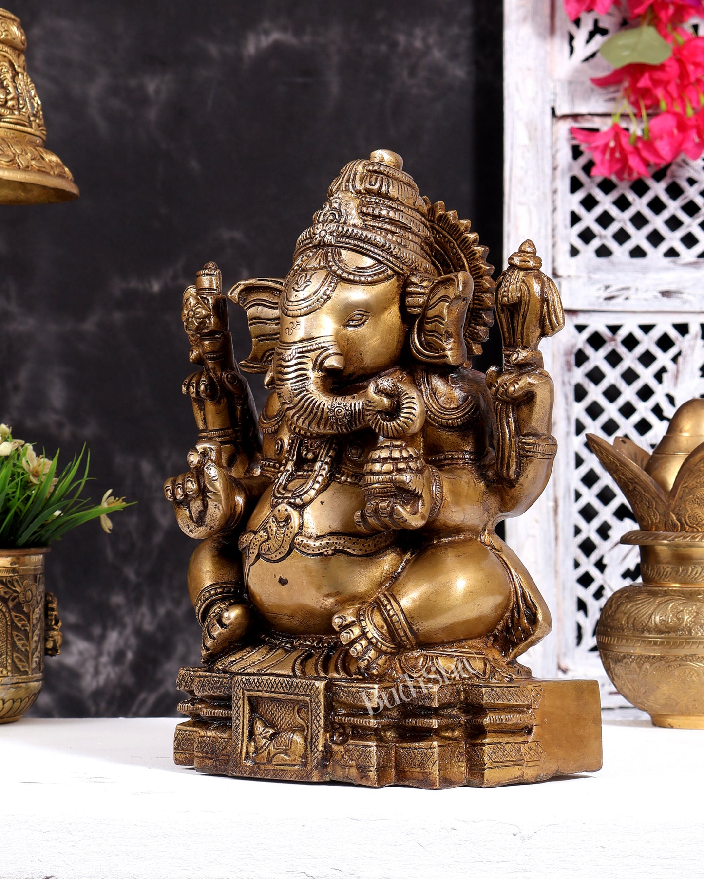 Brass Ganesha Unique Statue - Dull Gold Finish 11 inch